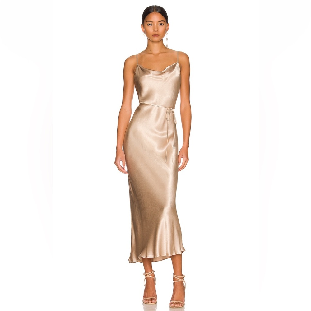 Shona Joy La Lune Bias Cowl Midi Dress in Gold size 4, Bridesmaid Dress